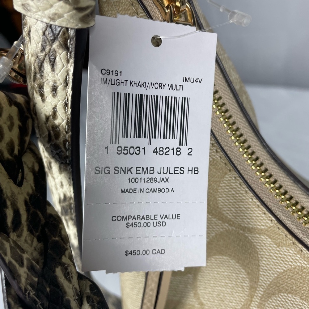 COACH Jules Hobo Bag in Signature Canvas Snake Embossed Leather Bag - Picture 6 of 16